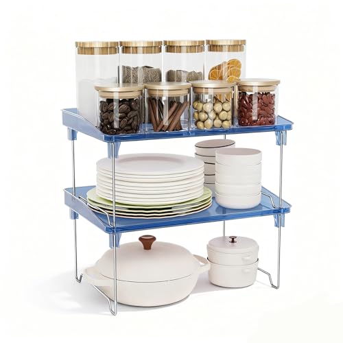 STARLATTA Acrylic Cabinet Organizer Shelf,2 Pcs Stackable Kitchen Counter Shelves,Spice Rack,Countertop Organizers,Clear Plastic Storage Organization for Makeup, Bathroom,Cupboard,Desk,Pantry - color: blue, size: 2 pack