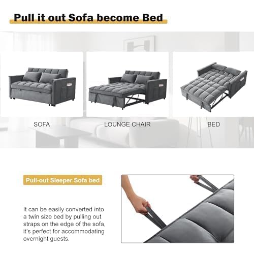 Sleeper Sofa Bed with Adjustable Backrest & Side Pockets, Gray | Adjustable Backrest & Side Pockets,Pull Out Sofa,Comfortable Fabric - color: S-dark Gray-v1