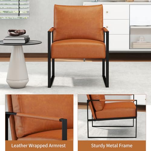 Mid Century Modern Accent Chair, PU Leather Armchair with Metal Frame,Comfy Single Reading Chair with Soft Padded Backrest and Cushion for Living Room, Bedroom,Reading Room,Office,Brown - color: Brown