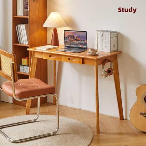Aibiju Wood Writing Desk with Drawer and Hanging Rod, Small Computer Desk Table, 39x20x30inch Work Desk, Study Desk, Small Wooden Dining Table Cherry Wood Color YD-WD01N - color: Cherry Wood Color, size: Length 39 in