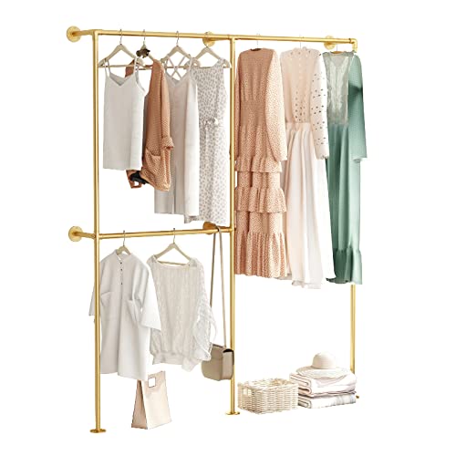 DR.IRON Industrial Pipe Gold Clothing Racks with Double Bar, Industrial Pipe Clothes Racks Wall Mounted, Heavy Duty Gold Closet Rods for Hanging Clothes Organizer Storage - color: Gold-71
