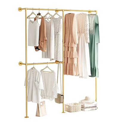 DR.IRON Industrial Pipe Gold Clothing Racks with Double Bar, Industrial Pipe Clothes Racks Wall Mounted, Heavy Duty Gold Closet Rods for Hanging Clothes Organizer Storage - color: Gold-71