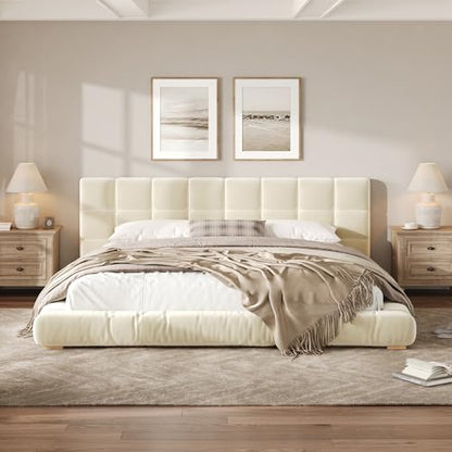 Upholstered Velvet Platform Bed Frame with Channel Tufted Headboard, Modern Low Profile Bed with Sturdy Slat Support, No Box Spring Needed (Beige) - color: Beige