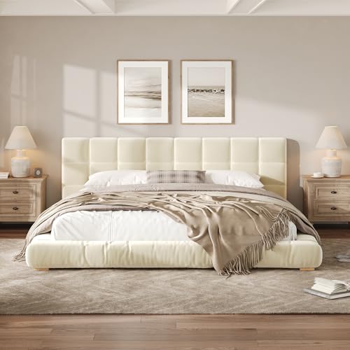 Upholstered Velvet Platform Bed Frame with Channel Tufted Headboard, Modern Low Profile Bed with Sturdy Slat Support, No Box Spring Needed (Beige) - color: Beige
