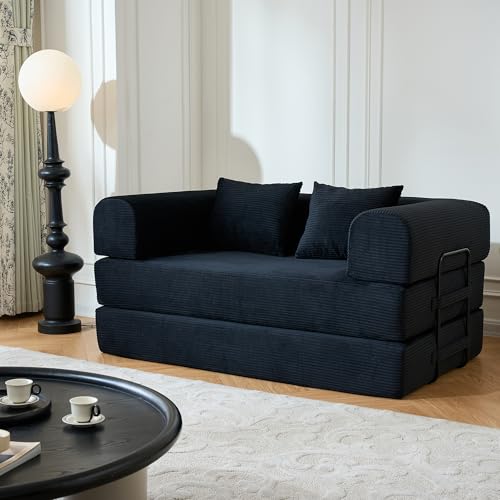 Convertible Sleeper Sofa Bed,Corduroy Folding Mattress Couch with Cylindrical Pillows,Metal Frame,High-Density Sponge,Reconfigurable Lounge Seat for Living Room Bedroom Apartment (Black,Loveseat) - color: Black, size: 59.06"L x 35.43"W x 26.77"H