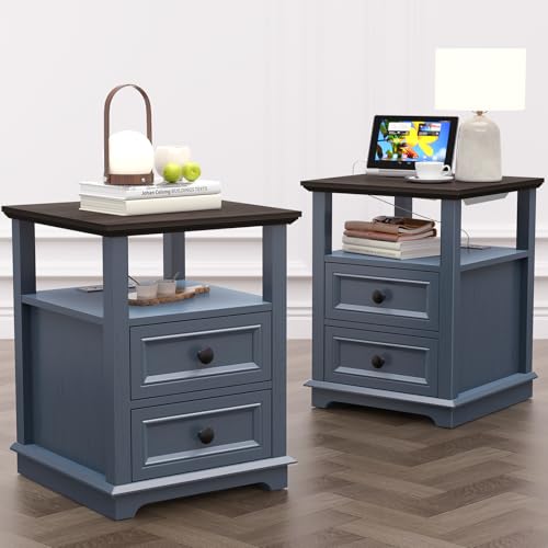 18" Wide End Table with Fast Charging Station Set of 2, 18” Wide Sofa Side Table with Drawers,End Table with Drawers for Living Room,Blue - color: Dark Blue, size: 1 Set