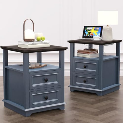 18" Wide End Table with Fast Charging Station Set of 2, 18” Wide Sofa Side Table with Drawers,End Table with Drawers for Living Room,Blue - color: Dark Blue, size: 1 Set