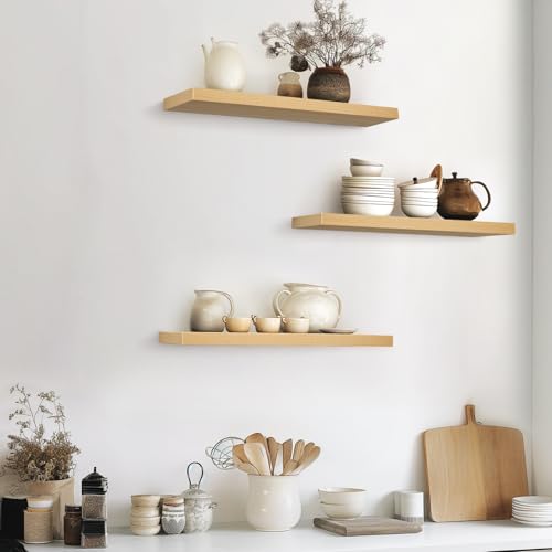 BAYKA Light Oak-Toned Floating Shelves 22.5in, Set of 3, Wall Mounted Shelf | Easy Install, 22lbs Max Load, Hidden Bracket, Shelving for Bathroom Bedroom Kitchen Display Storage, Multi-Wall Compatible - color: G. Oak-toned - Mid-century Revival Style, siz