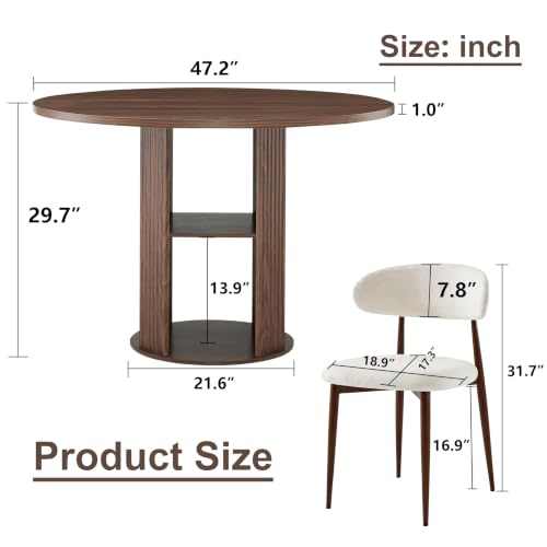 3-Piece Walnut Round Dining Table Set with 2 Upholstered Chairs, 47 Inch Kitchen Table for 2-4, Circle Dining Room Table Set with 2-Tier Storage Shelf, Wood Top Metal Frame for Small Spaces - color: Walnut