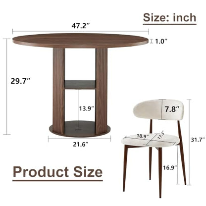 3-Piece Walnut Round Dining Table Set with 2 Upholstered Chairs, 47 Inch Kitchen Table for 2-4, Circle Dining Room Table Set with 2-Tier Storage Shelf, Wood Top Metal Frame for Small Spaces - color: Walnut