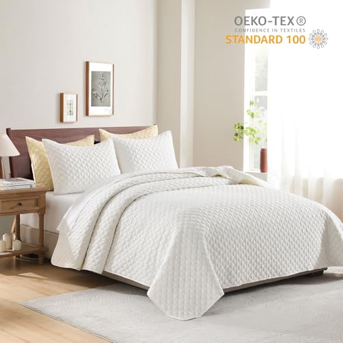 HORIMOTE HOME Cream Quilt Queen Size, Lightweight Quilts for Summer Ultra-Soft Microfiber Modern Style Quilted Clouds Pattern Bedspread Quit Set 3 Pieces(1 Quilt and 2 Pillow Shams) - color: Cream, size: Full/Queen