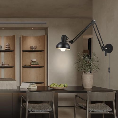 Black Industrial Swing Arm Wall Light Nordic Adjustable Long Arm Wall Sconces Lamp Metal Double-arms Folding Architect Work Wall Mount Lighting for Bedroom Reading Living Room
