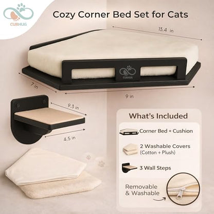 Cat Wall Shelves, Solid Wood Corner Bed, 3 Steps, Up to 25 lb, Black | Cushion included; 2 washable covers, cotton and plush; secures across two walls - color: Black