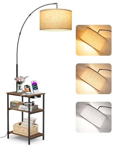 76'' Tall Arc Floor Lamp with Table & Remote, Side End Table with Charging Station, Dimmable Nightstand with 3 Color Temperatures, 1-Hour Timer, 9W LED Bulb for Living Room, Bedroom - color: Rustic Brown With Beige Shade
