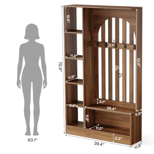 Tribesigns Room Divider with Storage Shelves and Bench | 70.9" Freestanding Wall Divider Partition with Coat Rack for Room Separation, Entryway, Living Room, Bedroom, Rustic Brown