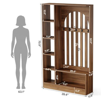 Tribesigns Room Divider with Storage Shelves and Bench | 70.9" Freestanding Wall Divider Partition with Coat Rack for Room Separation, Entryway, Living Room, Bedroom, Rustic Brown