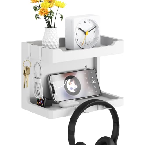 NiHome Bedside Wall Shelf Organizer, Wood 2-Tier Floating Nightstand, White | Dual Mount Adhesive Or Screw, 4 DIY Hooks, Cell Phone Glasses Holder, College Dorm Room Essentials - color: White, size: Large