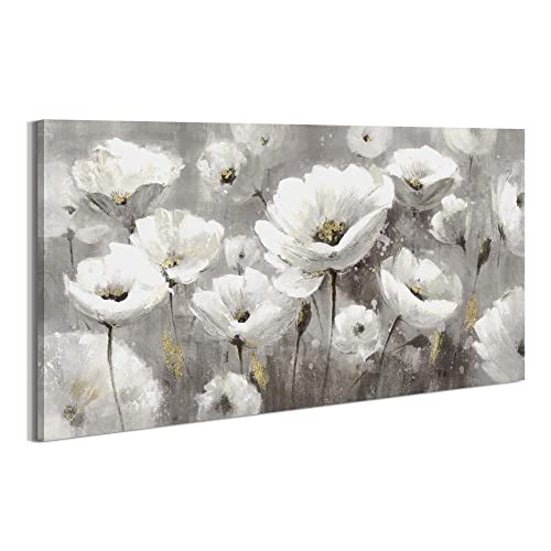 Bedroom Wall Art Canvas Flower: Floral Blossom Picture Large White Wildflower Painting Modern Abstract Blooming Botanical Print Artwork for Living Room Home Office Decor - color: White Flowers, size: 48"L x 24"W