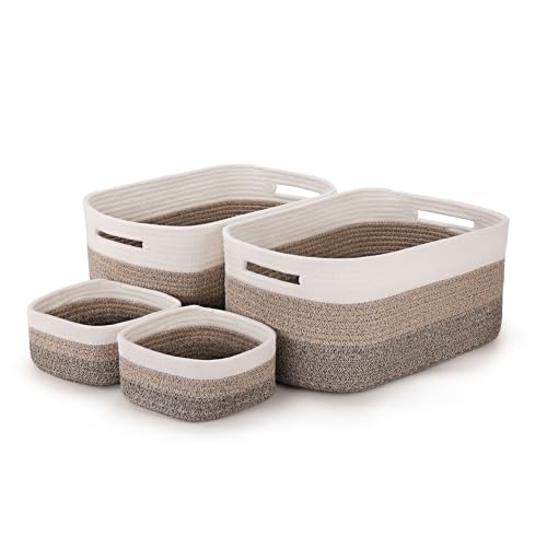 4-Pack Large Woven Rope Storage Baskets, 2 Sizes Organizer Bins | Fabric Cube Boxes and Rectangular Shallow Bins for Closet, Shelf, Bookshelf, Nursery, Changing Table, Bathroom, Toys & Home - color: gradient brown, size: 2pcs-16.92*12.99*7.08'' & 2pcs-7.0