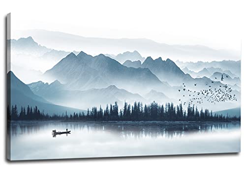 arteWOODS Indigo Canvas Wall Art - Misty Mountain & Foggy Lake Boat Painting - Grey Blue Forest Birds - 20" x 40" Canvas Wall Decor for Living Room - color: Indigo Mountain Lake, size: 40"L x 20"W
