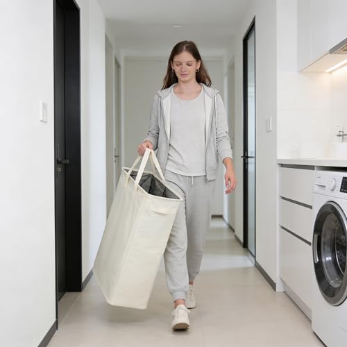 Narrow Laundry Hamper, Skinny Laundry Basket, 45L Beige, 24" | Slim Laundry hamper for Small Spaces laundry bag with handle, Foldable clothes hampers for laundry basket organizer - color: Beige