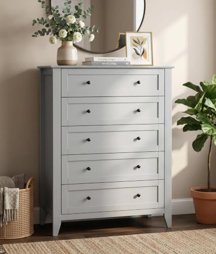 Garvee Grey 5-Drawer Dresser for Bedroom, 42.7" H Storage Drawers Organizer | Modern Lacquered Chest of Drawers, 15.8"D x 31.5"W x 42.7"H, Storage Dresser with Deep Drawers for Home Office - color: Grey, size: 15.8"D x 31.5"W x 42.7"H (5 Drawers)