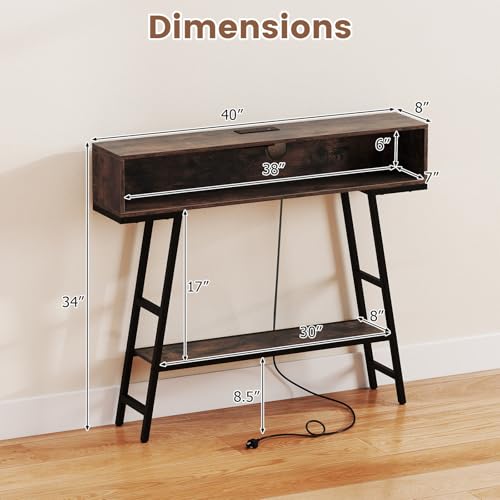 GIANTEX Modern Console Table with Charging Station & LED Lights | 40" Entryway Table w/ Storage Shelves, 3-Tier Display Shelf for Small Space, Sofa Table for Living Room, Rustic Brown + Black - color: Rustic Brown