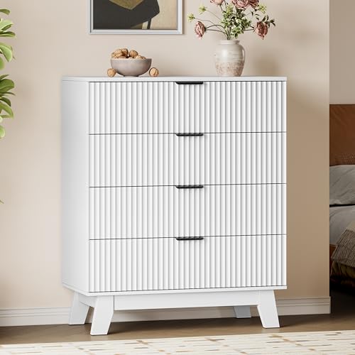BORNOON 39" Tall Dresser for Bedroom, 4-Drawer Fluted Chest of Drawers, Modern Wood Highboy with Deep Storage, Metal Slides & Handles, Anti-Tip Kit, Vertical Clothes Organizer for Apartment, Nursery - color: Pure White, size: Tall 4-Drawer