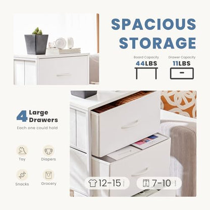 DUMOS Nightstand, Bedside Table with 4 Fabric Drawers | Night Stand with Removable Bins, Steel Frame Wood Top, Small Dresser for Bedroom Closet - color: White, size: 11.8"D x 17.7"W x 37.4"H (4 Drawers)