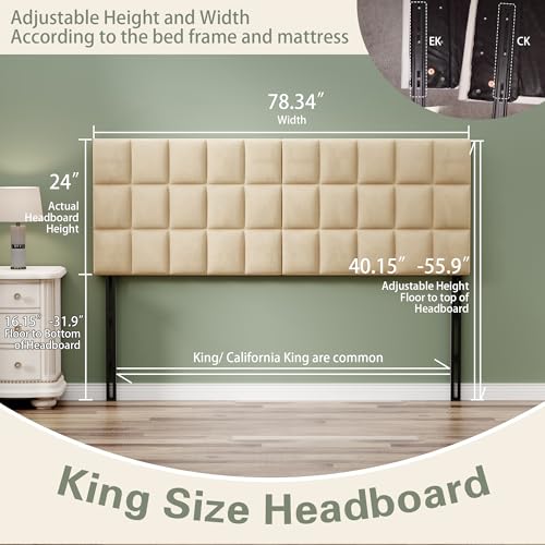 Velvet Upholstered Tufted King Size Headboard,Wood Head Board with Metal Legs, Adjustable Height from 42” to 56”, Bed Headboard in Modern Design,Backboard for Bed, Apricot - color: Apricot, size: King
