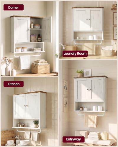 VASAGLE SIREN Collection Bathroom Wall Cabinet, Hanging Storage | Bathroom storage cabinet, with towel rod, farmhouse, adjustable shelf, and doors, 7.9 x 20 x 23.6 Inches UBBK149WJ01S