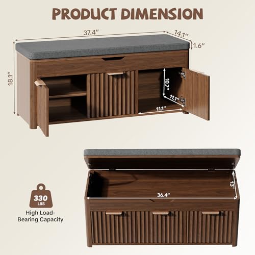 37.4" W Shoe Bench with Storage, Lift Top Entryway Bench, Walnut | 2-Tier Adjustable Shoe Rack with Cushioned Seat, Hidden Storage, Wooden End of Bed Bench for Bedroom, Living Room, Hallway - color: Walnut, size: 37.4"Wx14.2"Dx18.1"H
