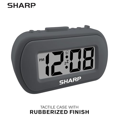 Sharp Battery Alarm Clock, Soft-Touch Case and Backlight, Charcoal Black | Soft-touch rubberized case; Battery operated; Blue backlight on demand; Ascending alarm; Snooze; Easy to use - color: Charcoal Black