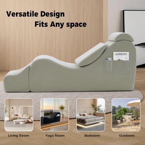 Yoga Chair Lounge for Adult, Ergonomic Chaise Lounge Chair with Side Pocket, Headrest, Waist Pad, Ottoman，Perfect for Stretching, Massage, and Relaxation, Used in Living Room, Bedroom - color: Grey