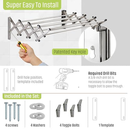 Wall Mounted Clothes Drying Rack | Adjustable to Fit Your Space | 20 Linear Feet Drying Capacity | 8 Stainless Steel Rods | 60 lb Capacity | Fully Assembled | Compact Space-Saving Design
