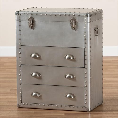 BOWERY HILL 3-Drawer Mid-Century Metal Accent Storage Chest, Silver Finish, Wood and Metal Construction, Vintage-Inspired Rivet Details, Lift-Top Compartment, Bedroom, Living Room, or Entryway Use