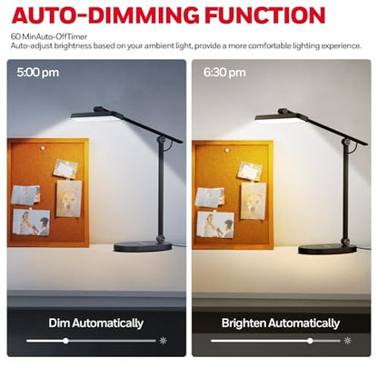 Honeywell HWT-H4 LED Desk Lamp, Eye-Caring, Dimmable, Auto Sensor | CRI97 Sunturalux LED, flicker-free eye care, 3 color temperatures, 5 brightness levels, auto dimming sensor, 60-min timer - color: Black