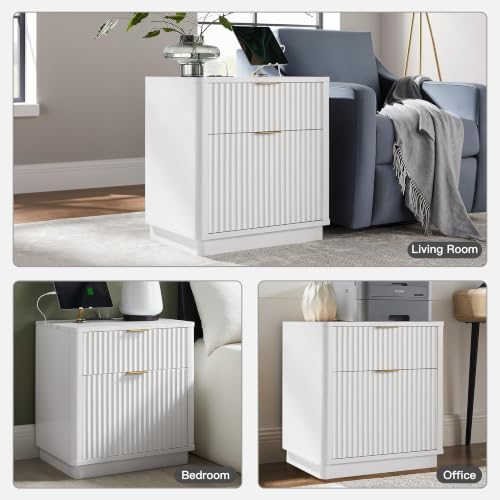 T4TREAM 23'' Fluted Nightstand with Charging Station, Modern, Solid White | Large 2 Drawer, Curved Profile, Mid-Century, Bedside Table with Storage, End Table for Living Room, Bedroom, Side Table - color: Solid White
