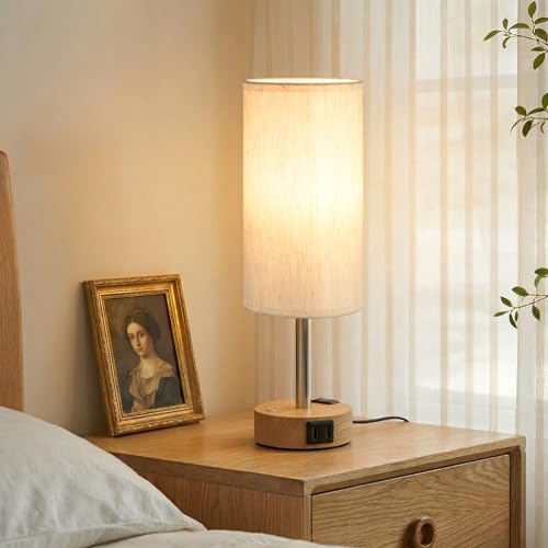 Touch Bedside Table Lamp for Bedroom, Stepless Dimmable, USB A+C, AC Outlet | Base Touch Button Only, Memory Brightness, Ultra-dim Night Light, Included Bulb for Optimal Dimming, Wood Grain Base, Nursery - color: Beige & Wood Grain