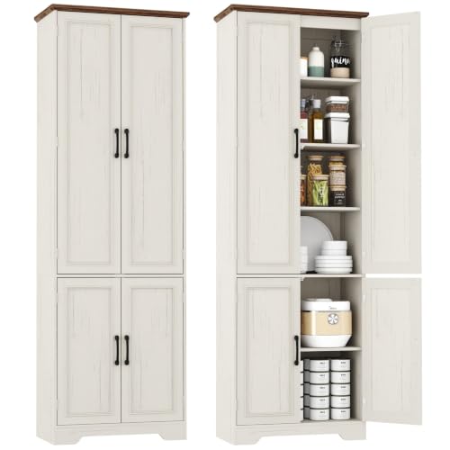 Function Home 182.9cm(72인치) 주방 식료품 저장실 캐비닛, 문과 조절 가능한 선반이 있는 톨 우드 팜하우스 보관 캐비닛, 주방 다이닝 거실 욕실용 6단 독립형 찬장, 앤티크 화이트 - color: 앤티크 화이트, size: 24"Wx11.81"Dx72"H