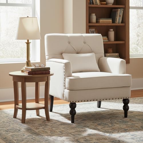 HUIMO Accent Chair, Tufted Upholstered Club Chair, Beige | Upholstered Fabric Armchairs, Button Tufted Reading Chairs for Living Room, Bedroom - color: Beige