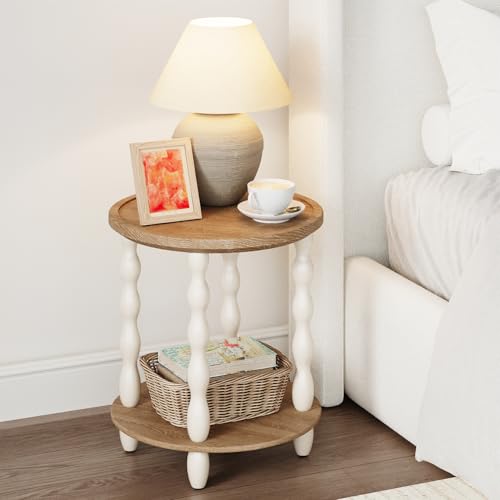 karlott Round Side Table, 2-Tier Farmhouse End Tables Living Room, Beige | Pine Leg, Weathered Handcrafted Wood Nightstand, Boho Round Nightstand, Easy Assembly for Living Room, Bedroom, Small Space - size: 2 Tier End Table 18.5 Inches