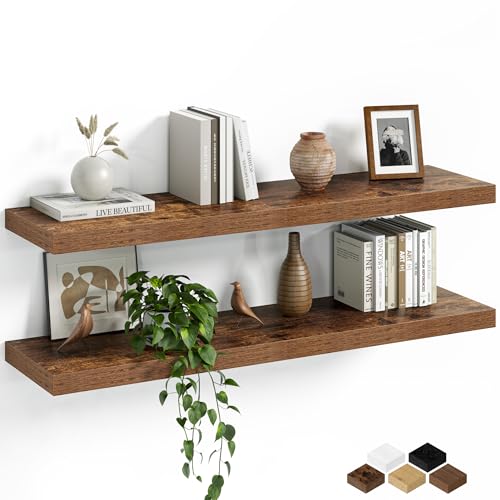 Fun Memories Floating Shelves for Wall, 36 Inch Long Set of 2 Rustic Wood Wall Shelves with Invisible Brackets, Heavy Duty Storage Display for Living Room Bedroom Kitchen, Brown - color: Rustic Brown, size: 6.5"D x 36"L - 2Pack