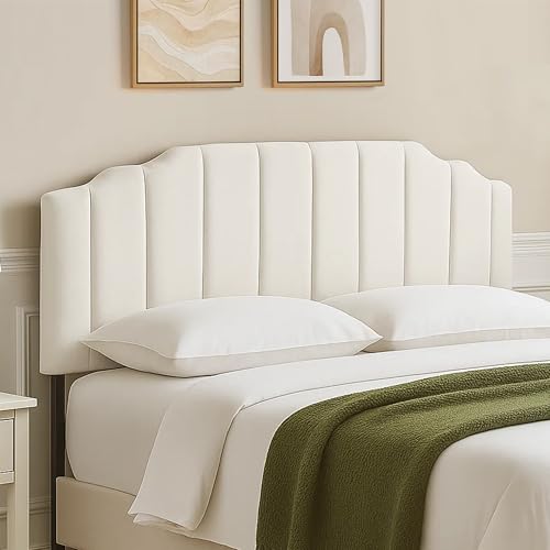 Upholstered Headboard Adjustable Height Queen/King Headboard Cream Velvet Tufted Modern Vertical Channel Design with Stepped Silhouette Top Edge(Beige Queen) - color: Beige, size: Queen