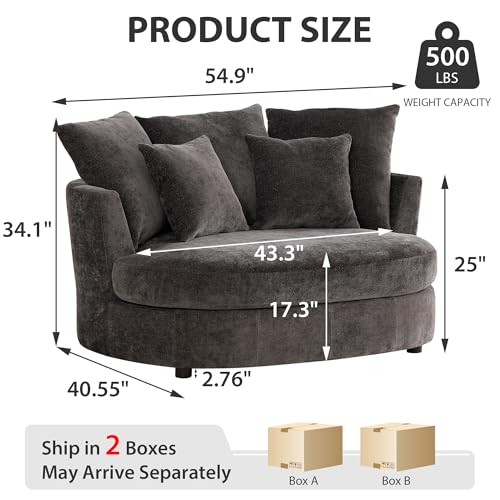 Chifee & Vingol 55" W Oversized Accent Barrel Chair Large Round Chair Extra Large Armchair with 5 Pillows for Living Room,Bedroom,Home Theater,Chenille,Charcoal - color: 55"- Charcoal