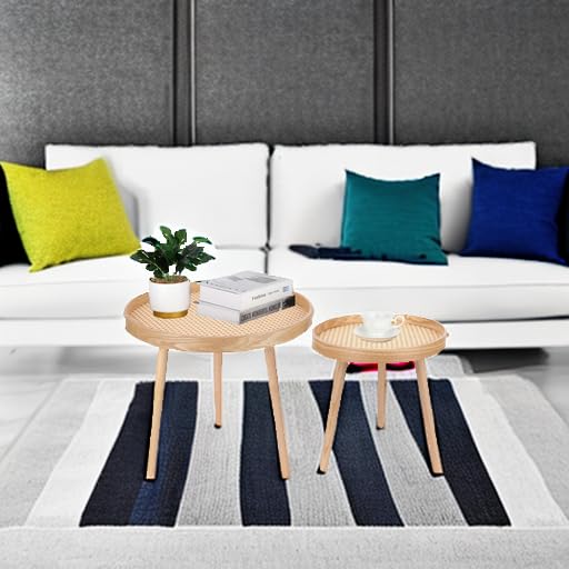 Round Coffee Table Set of 2, Natural Boho Coffee Tables, Small Mid Century Modern Rattan Coffee Table, Boho Side Table End Tables for Living Room Bedroom Office - color: Natural Walnut - Set