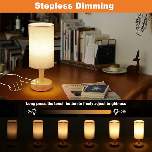 Rechargeable Cordless Touch Table Lamp with Stepless Dimming,Natural Wood Base&Linen Shade,Small Battery Wireless Ambient Night Light for Bedroom,Bedside,Nightstand,Nursery,Kitchen,Camping,Outdoor - size: Round - Cordless Touch - Set of 1