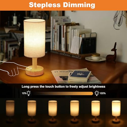 Rechargeable Cordless Touch Table Lamp with Stepless Dimming,Natural Wood Base&Linen Shade,Small Battery Wireless Ambient Night Light for Bedroom,Bedside,Nightstand,Nursery,Kitchen,Camping,Outdoor - size: Round - Cordless Touch - Set of 1