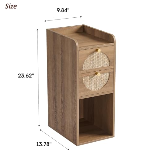 Narrow Nightstand Set of 2 (Rattan & Wood) - Small Bedside Table with 2 Drawers, Open Shelf, Mid Century Modern End Table - for Bedroom, Living Room & Small Spaces, Rustic Oak Rattan - color: Rustic Oak Rattan, size: 9.9"W (2 Pc)