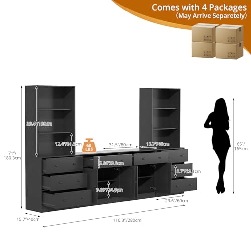 TUSY 71" Large TV Stand Set - TV Entertainment Center for TVs up to 65", Media Center with Tempered Glass Doors and Drawer, TV Hutch with Bookshelves for Living Room (Black, BEEB) - color: Black